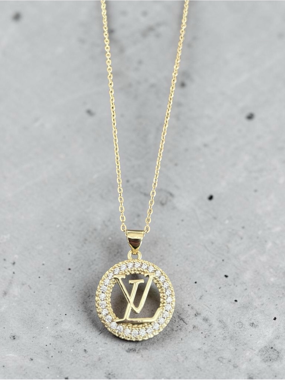 Gold LV Logo Circle Pendant Necklace with Crystal Accent